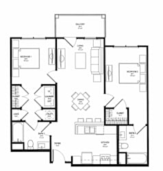 A black and white image of a house floor plan with two bedrooms, a living room, a dining room, a kitchen, a foyer, a bathroom, a laundry room, and a closet.