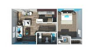 A 3D rendered image of a modern apartment interior.