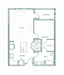 A floor plan of a house with a living room, kitchen, bedroom, bathroom, and balcony.