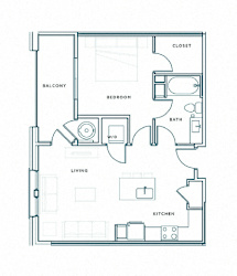 A floor plan of a house with a living room, kitchen, bedroom, bathroom, and closet.