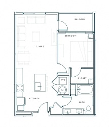 A floor plan of a house with a living room, kitchen, bedroom, bathroom, and closet.