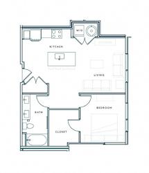 A floor plan of a small apartment with a kitchen, living room, bedroom, bathroom, and closet.