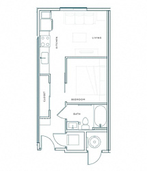 A floor plan of a small apartment with a living room, kitchen, bathroom, and bedroom.