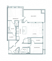 A floor plan of a house with a balcony, two bedrooms, a kitchen, a living room, and two closets.