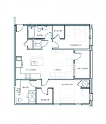 A floor plan of a house with a kitchen, living room, bedrooms and bathrooms.