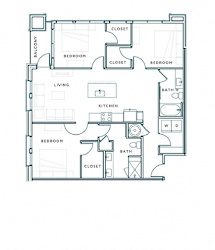A floor plan of a house with a living room, kitchen, and four bedrooms.