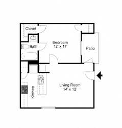 A floor plan of a small apartment with a living room, kitchen, bedroom and bathroom.