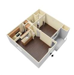 A 3D image of a house layout with a kitchen, living room, and two bedrooms.