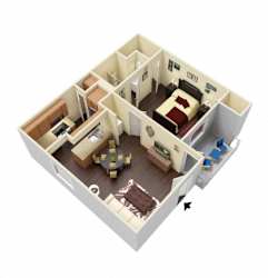A 3D model of a house with a bedroom, living room, and kitchen.