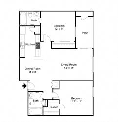 A floor plan of a house with a kitchen, dining room, living room, and two bedrooms.