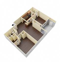 A 3D image of a house layout with a kitchen, living room, and two bedrooms.