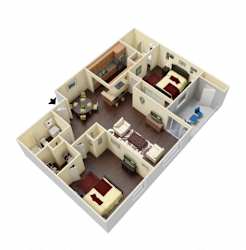 A 3D image of a house layout with a kitchen, living room, dining room, and bedrooms.