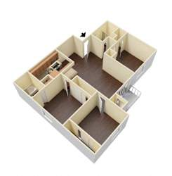 A 3D model of a house with a kitchen, living room, and two bedrooms.