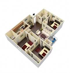 A 3D image of a house layout with multiple rooms.