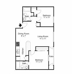 A floor plan of a small apartment with a living room, dining room, kitchen, and two bedrooms.