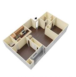 A 3D floor plan of a house with a kitchen, living room, and two bedrooms.