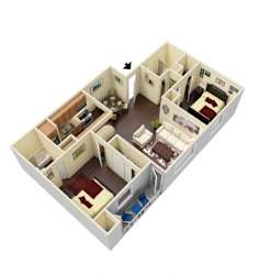 A 3D image of a house layout with a kitchen, living room, and bedrooms.