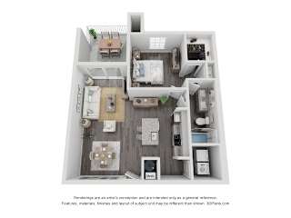 A 3D floor plan of a small apartment with a kitchen, living room, and bedroom.