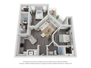 A 3D floor plan of a house with a kitchen, living room, and two bedrooms.