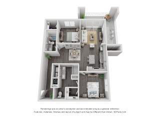 A 3D floor plan of a house with a kitchen, living room, and bathroom.