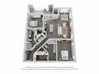 A 3D floor plan of a small apartment with a kitchen, living room, and bedrooms.