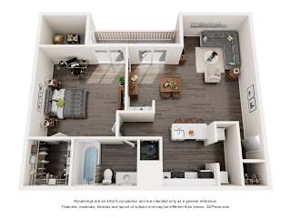 A 3D floor plan of a small apartment with a kitchen, living room, and bathroom.