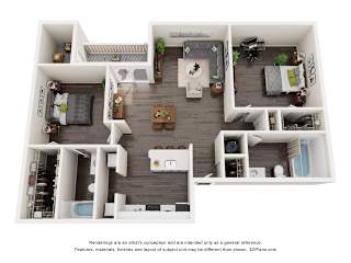 A 3D floor plan of a house with a kitchen, living room, and bathrooms.