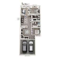 A floor plan of a two-bedroom apartment with a garage for two cars.