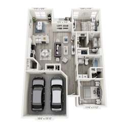 A floor plan of a two bedroom apartment with a garage for two cars.