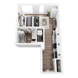 a stylized floor plan with a bedroom and a living room