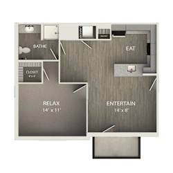 A floor plan of a room with a bathroom, eat area, relax area and an entertainment area.