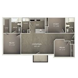 A floor plan of a house with a study, two bathrooms, a kitchen, an entertainment area, and two relaxation areas.