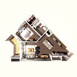 A top-down view of a house interior with a living room, kitchen, and dining area.