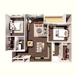 A floor plan of a small apartment with a kitchen, living room, and bathroom.