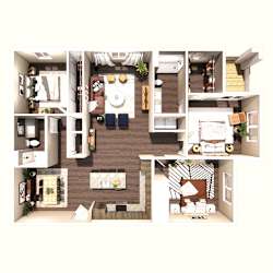 A cutaway view of a small apartment showing the layout of the rooms.