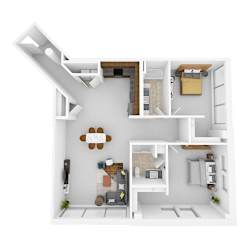 A white and wood kitchen with a dining table and chairs.