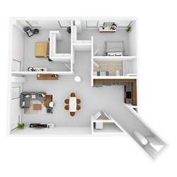 A white and wood floor plan of a small apartment with a kitchen, living room, and bedroom.