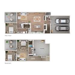 A floor plan of a house showing the main floor and basement layouts.