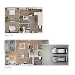 A floor plan of a house showing the layout of the second and main floor.