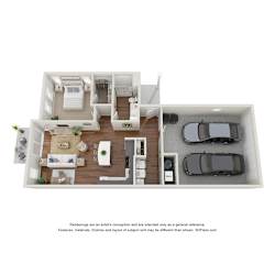A 3D floor plan of a house with a kitchen, living room, and two bedrooms.