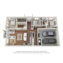 A 3D floor plan of a house with a kitchen, living room, and two bedrooms.