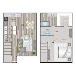 A floor plan of a house with a living room, dining room, kitchen, and bedroom.