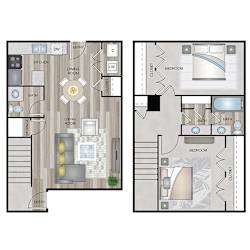 A floor plan of a two bedroom apartment with a living room, dining room, kitchen, and bathrooms.