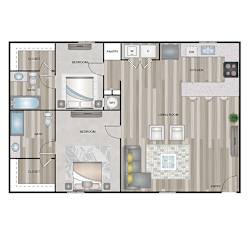 A floor plan of a house with labeled rooms such as bedroom, bath, pantry, and living room.