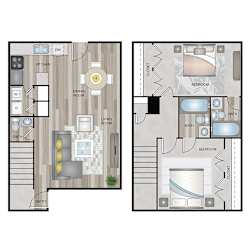 A floor plan of a two bedroom apartment with a living room, dining room, kitchen, and bathroom.