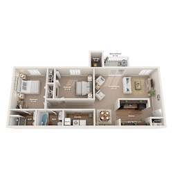 A 3D floor plan of a house with a balcony, two bedrooms, a bathroom, a laundry room, a kitchen, and a cloakroom.