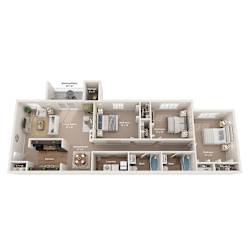 A floor plan of an apartment with a kitchen, living room, and two bedrooms.