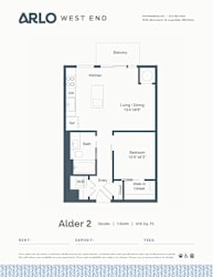 A floor plan for a property by Arlo West End shows a bedroom, bath, living area, kitchen, and dining space.