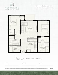 A floor plan for a 2 bedroom, 2 bathroom apartment sized at 1,097 square feet.