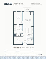 A floor plan for a property by Arlo West End shows a bedroom, living room, and kitchen.